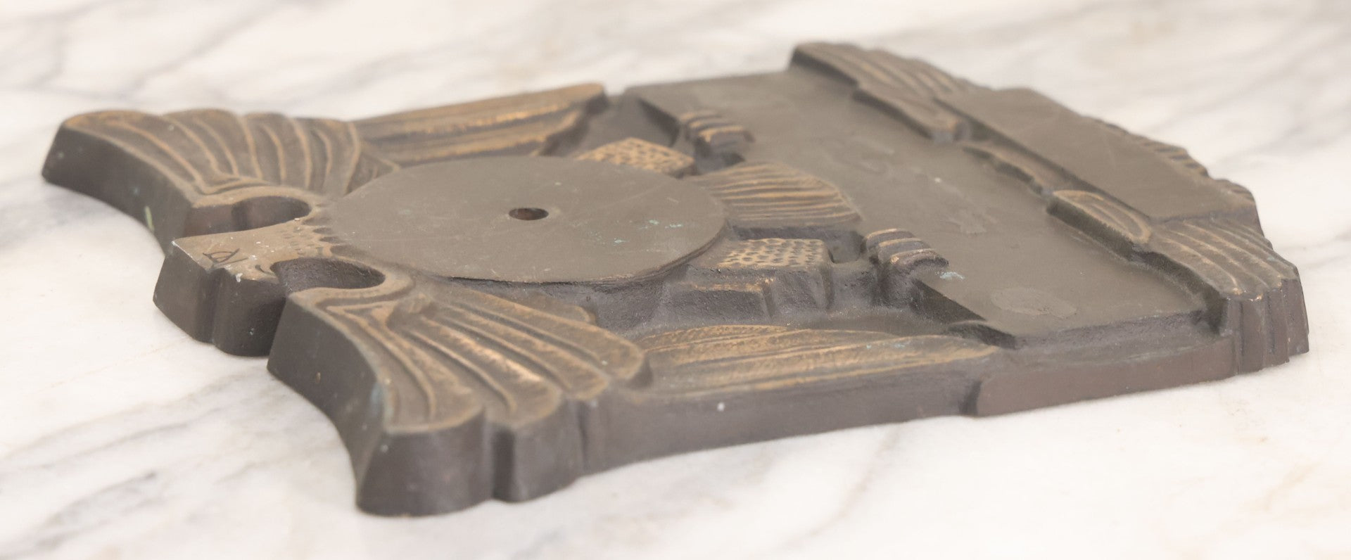 Lot 022 - Vintage Cast Bronze Americana Federal Eagle With Winged Shield Plaque Fragment, Possibly A Clock Face, With Three Threaded Mounting Holes On Verso, Circa 1930s, 8" x 8-5/8"