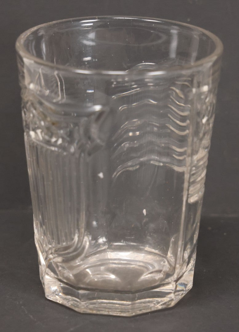 Lot 028 - Vintage American Pattern Glass Drinking Cup With American Flag, Patriotic Shield, And Rifle Motifs