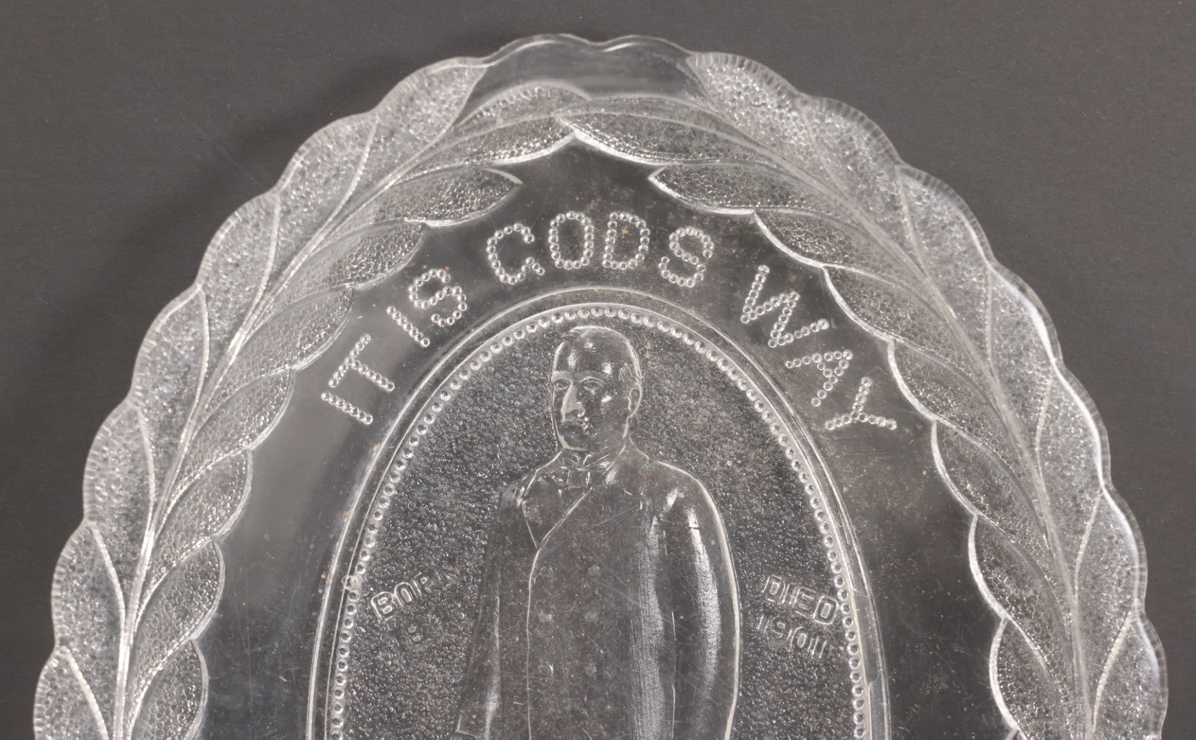 Lot 029 - Antique Early American Pattern Glass E.A.P.G. William Mckinley Assassination Memorial Platter, "It Is God's Way, His Will Be Done," Circa 1901