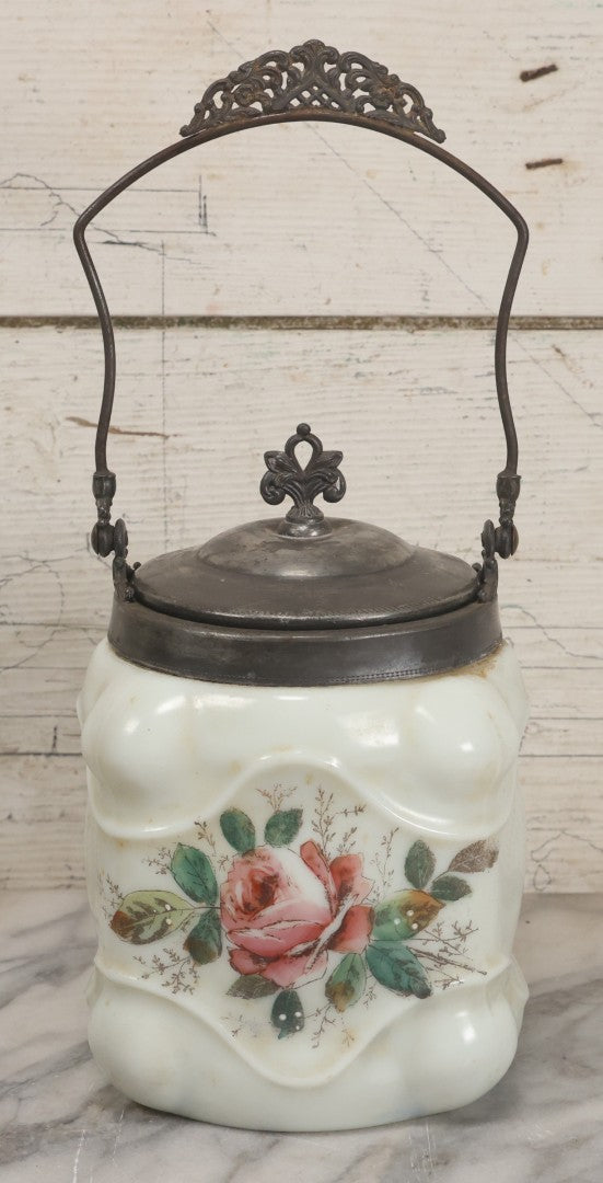 Lot 034 - Antique Opaque White Glass Biscuit Jar With Hand Painted Roses On Two Sides, Silverplate Lid And Handle