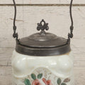 Lot 034 - Antique Opaque White Glass Biscuit Jar With Hand Painted Roses On Two Sides, Silverplate Lid And Handle