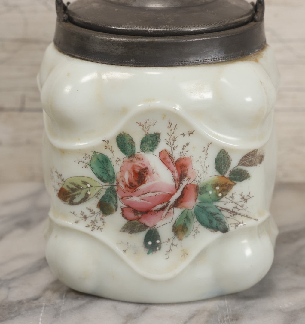 Lot 034 - Antique Opaque White Glass Biscuit Jar With Hand Painted Roses On Two Sides, Silverplate Lid And Handle
