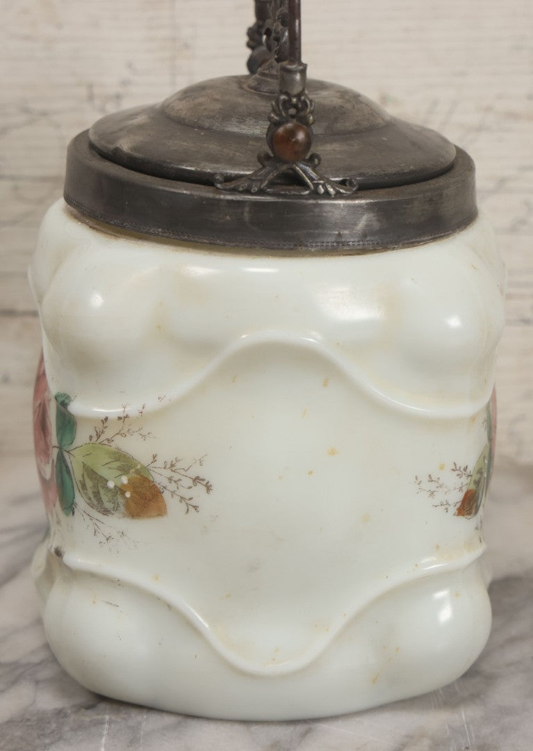 Lot 034 - Antique Opaque White Glass Biscuit Jar With Hand Painted Roses On Two Sides, Silverplate Lid And Handle