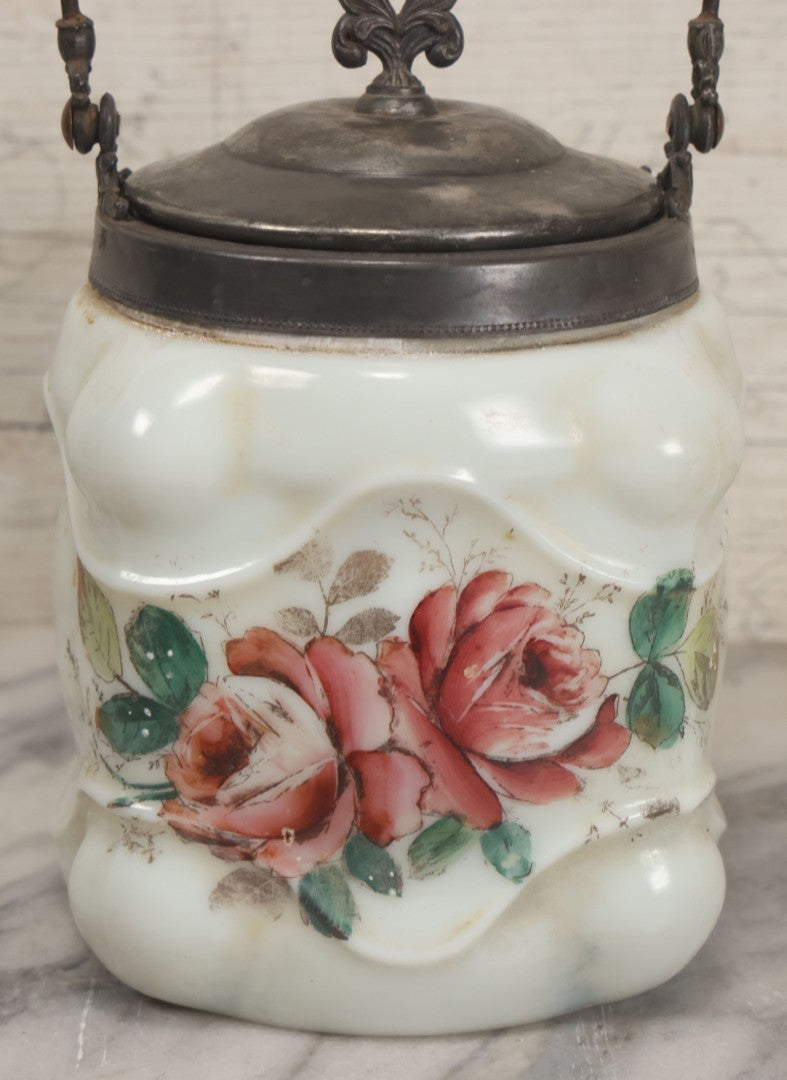 Lot 034 - Antique Opaque White Glass Biscuit Jar With Hand Painted Roses On Two Sides, Silverplate Lid And Handle