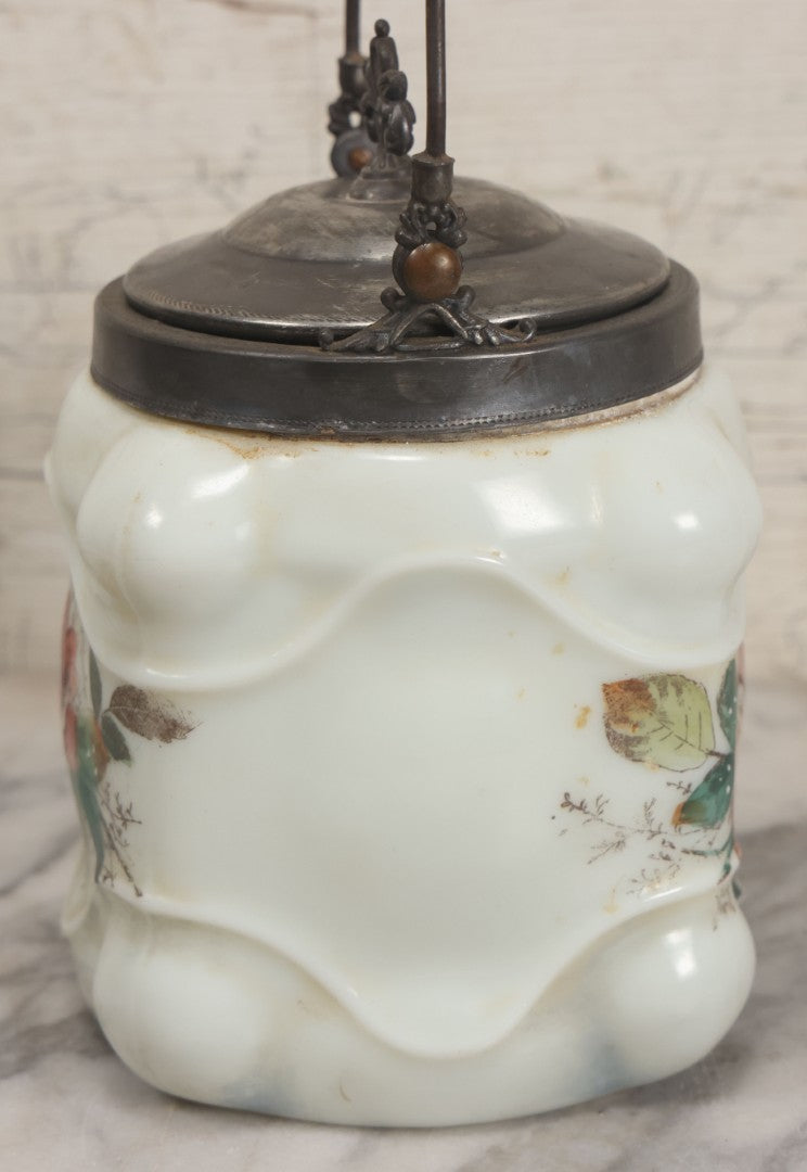 Lot 034 - Antique Opaque White Glass Biscuit Jar With Hand Painted Roses On Two Sides, Silverplate Lid And Handle