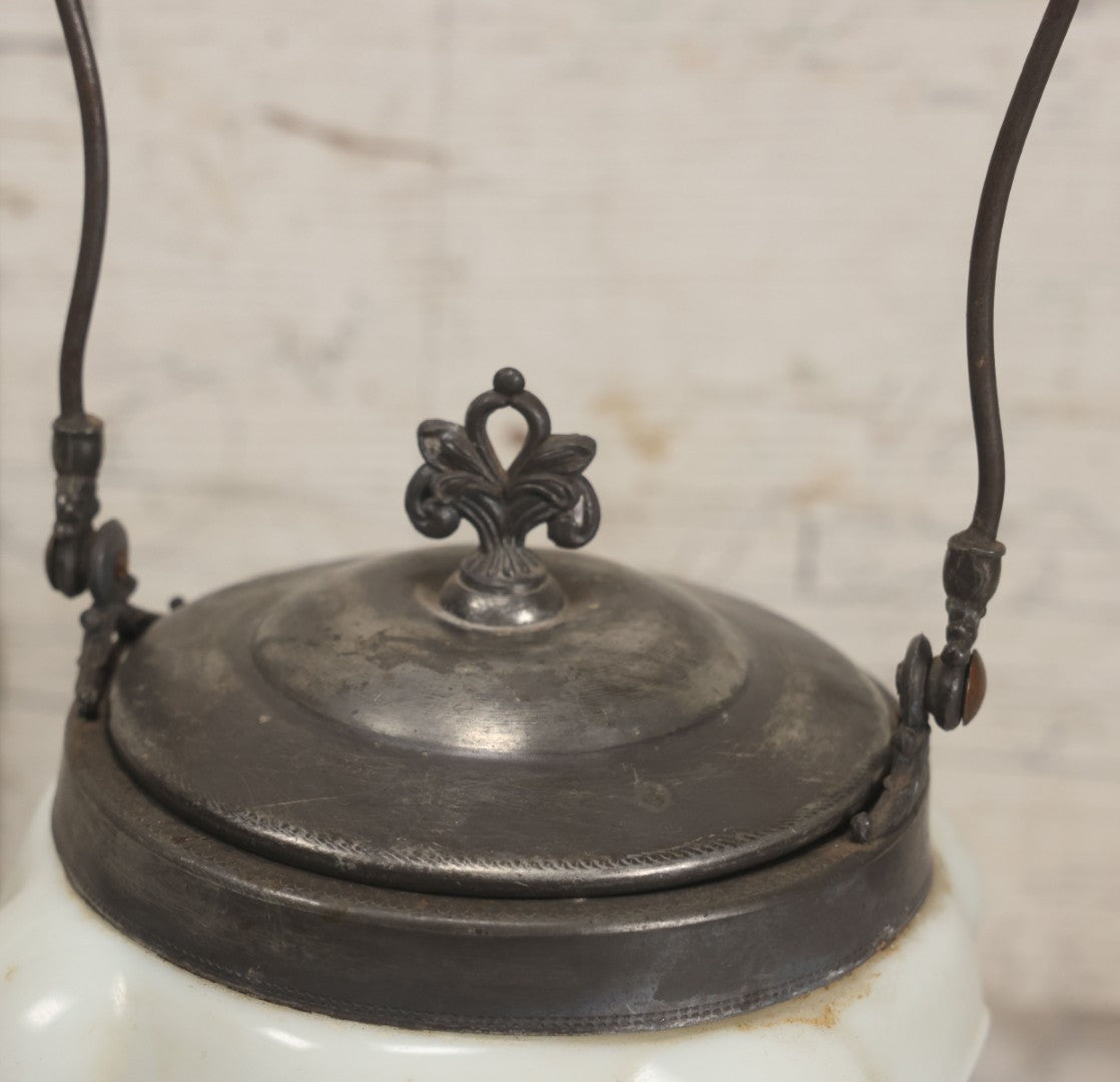 Lot 034 - Antique Opaque White Glass Biscuit Jar With Hand Painted Roses On Two Sides, Silverplate Lid And Handle