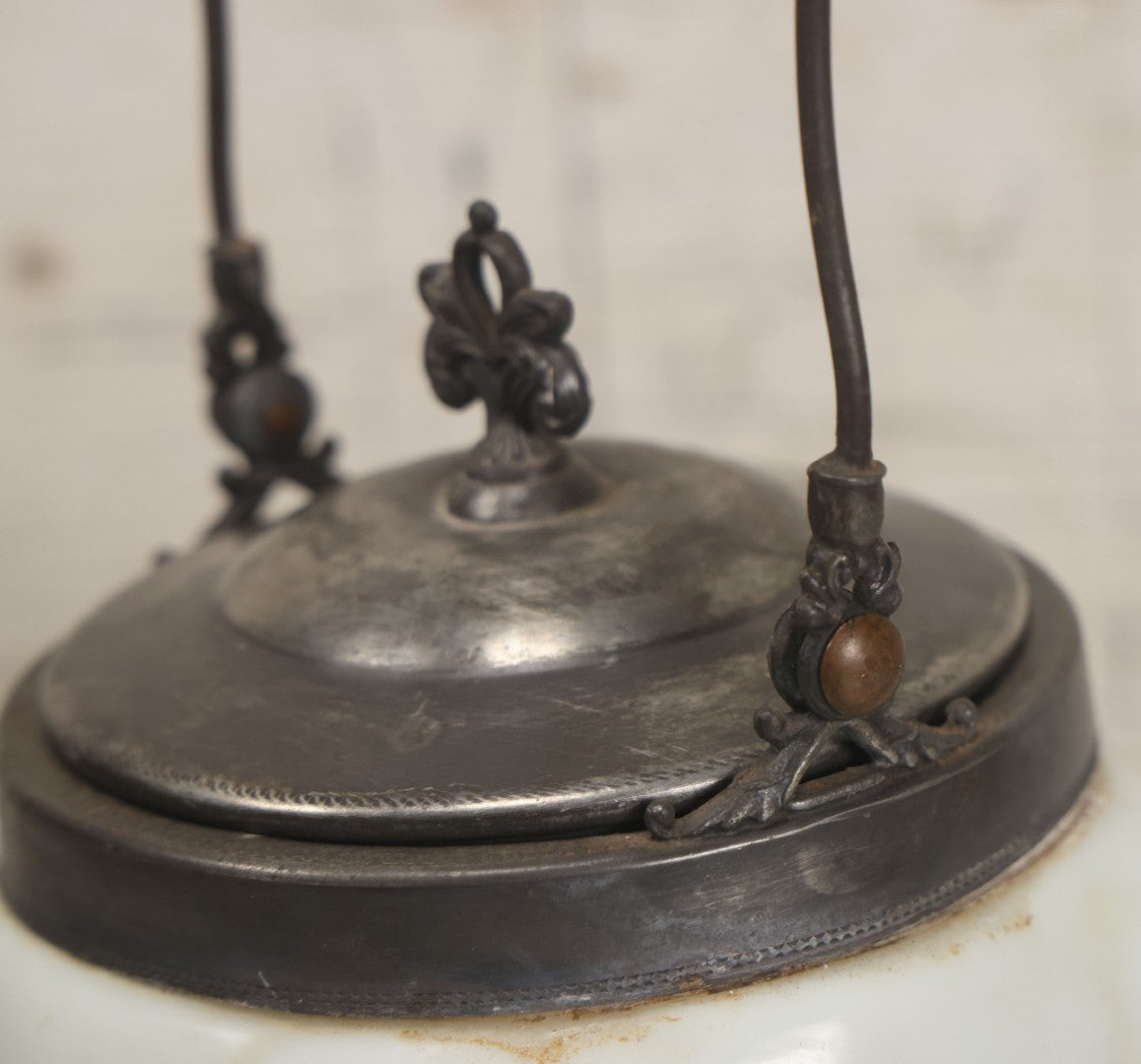 Lot 034 - Antique Opaque White Glass Biscuit Jar With Hand Painted Roses On Two Sides, Silverplate Lid And Handle