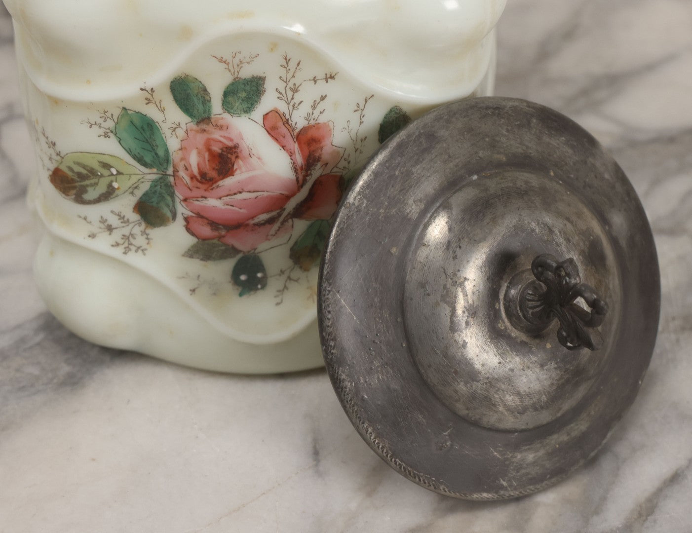 Lot 034 - Antique Opaque White Glass Biscuit Jar With Hand Painted Roses On Two Sides, Silverplate Lid And Handle