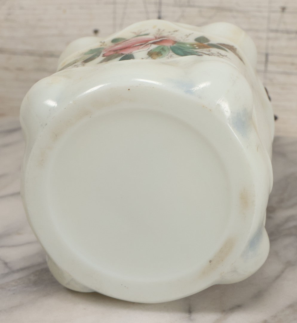 Lot 034 - Antique Opaque White Glass Biscuit Jar With Hand Painted Roses On Two Sides, Silverplate Lid And Handle