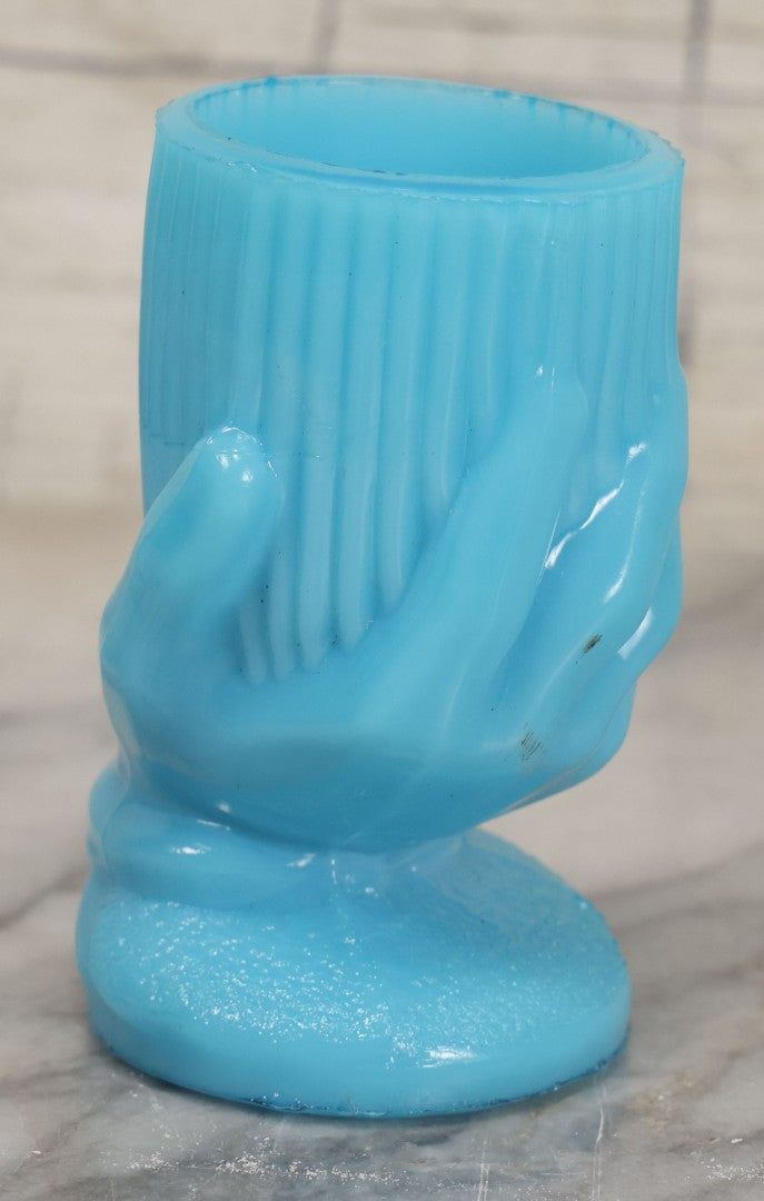 Lot 035 - Vintage Robins Egg Blue Glass Toothpick Or Match Holder With Hand Motif, 3-1/2" Height