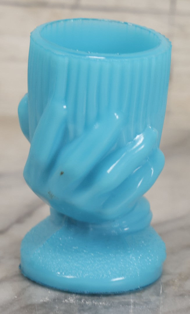 Lot 035 - Vintage Robins Egg Blue Glass Toothpick Or Match Holder With Hand Motif, 3-1/2" Height