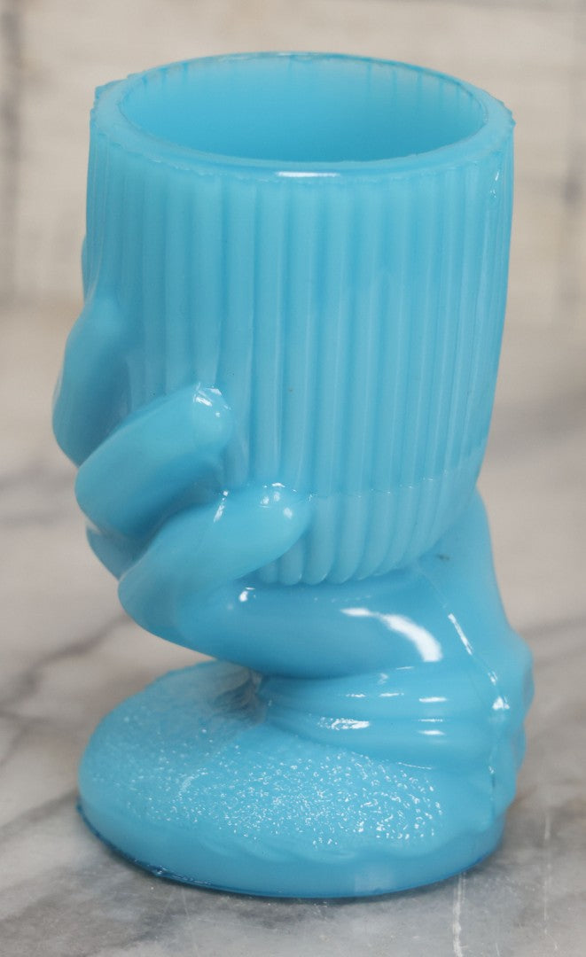 Lot 035 - Vintage Robins Egg Blue Glass Toothpick Or Match Holder With Hand Motif, 3-1/2" Height