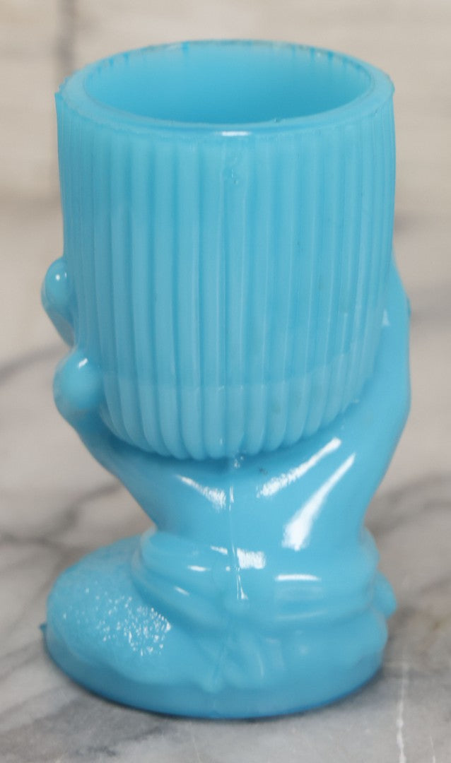 Lot 035 - Vintage Robins Egg Blue Glass Toothpick Or Match Holder With Hand Motif, 3-1/2" Height