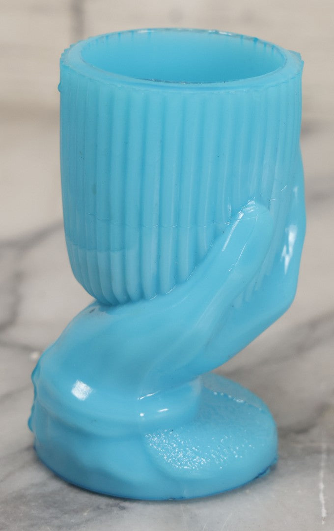 Lot 035 - Vintage Robins Egg Blue Glass Toothpick Or Match Holder With Hand Motif, 3-1/2" Height