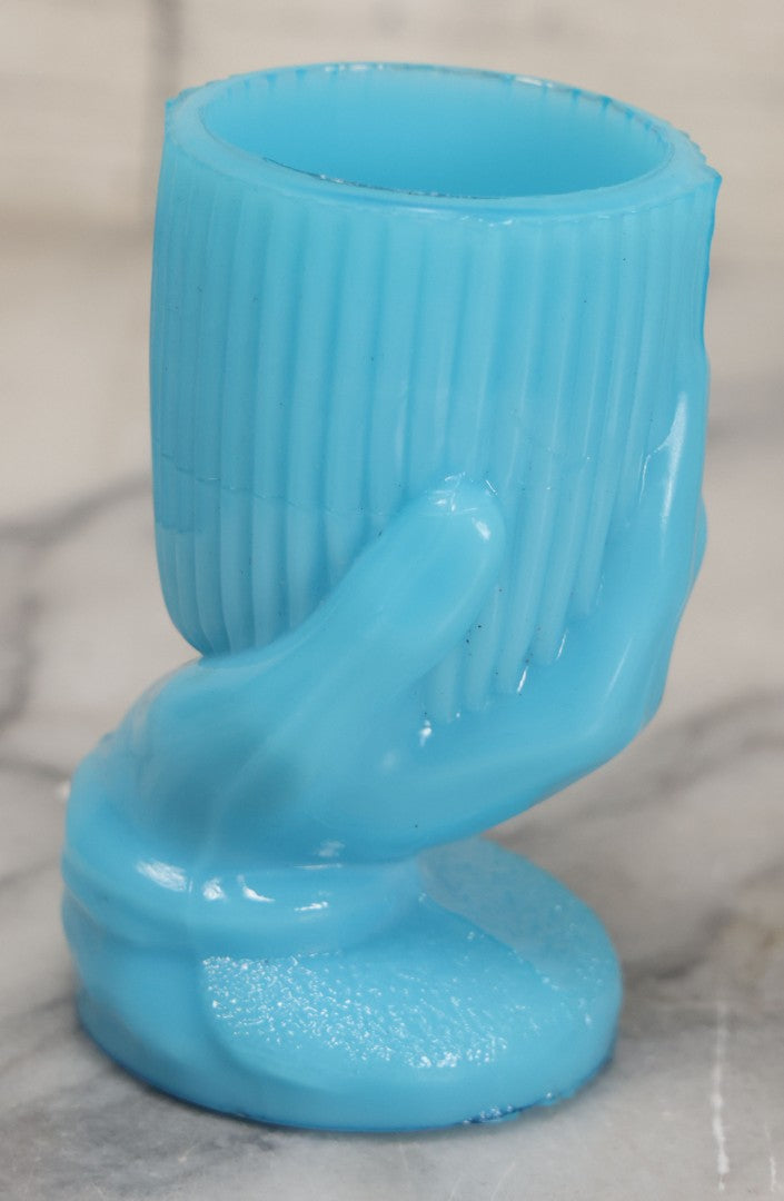 Lot 035 - Vintage Robins Egg Blue Glass Toothpick Or Match Holder With Hand Motif, 3-1/2" Height