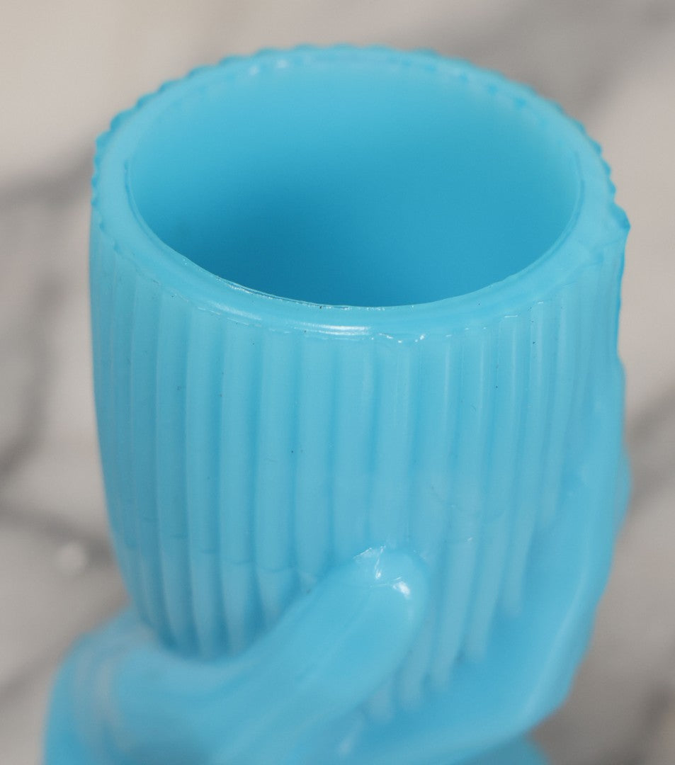 Lot 035 - Vintage Robins Egg Blue Glass Toothpick Or Match Holder With Hand Motif, 3-1/2" Height