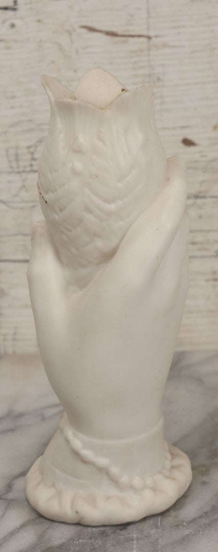 Lot 036 - Vintage Bisque Flower Vase With Hand, Fern, And Petal Motifs, Note Losses To Flower Petals, Chips, 7-3/8" Height