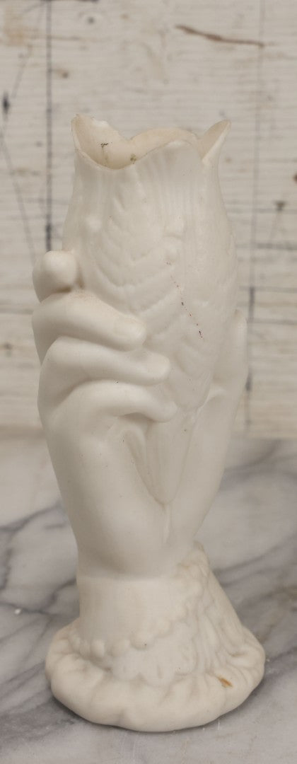 Lot 036 - Vintage Bisque Flower Vase With Hand, Fern, And Petal Motifs, Note Losses To Flower Petals, Chips, 7-3/8" Height