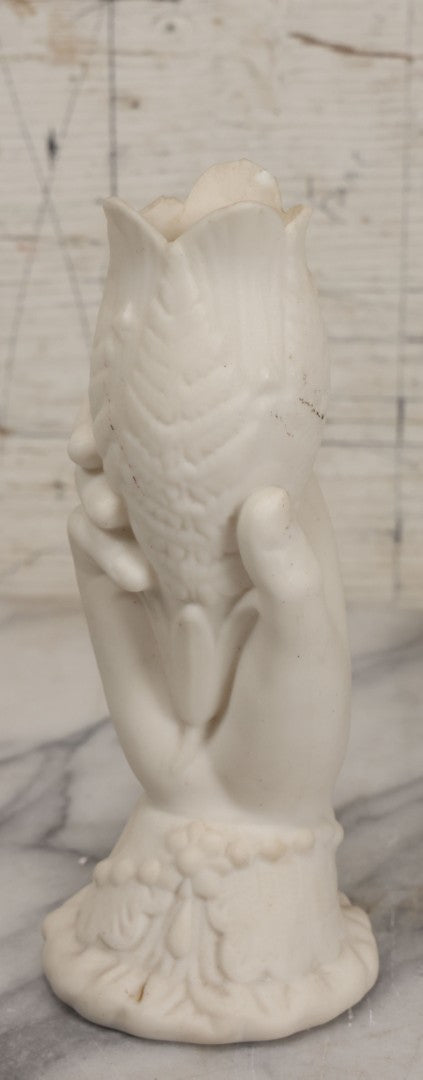 Lot 036 - Vintage Bisque Flower Vase With Hand, Fern, And Petal Motifs, Note Losses To Flower Petals, Chips, 7-3/8" Height