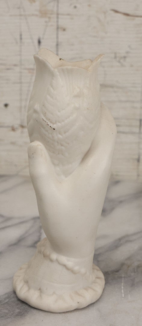 Lot 036 - Vintage Bisque Flower Vase With Hand, Fern, And Petal Motifs, Note Losses To Flower Petals, Chips, 7-3/8" Height