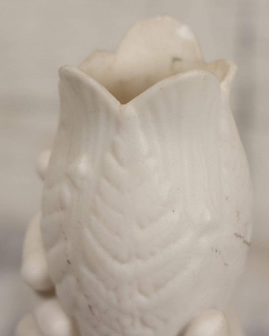 Lot 036 - Vintage Bisque Flower Vase With Hand, Fern, And Petal Motifs, Note Losses To Flower Petals, Chips, 7-3/8" Height