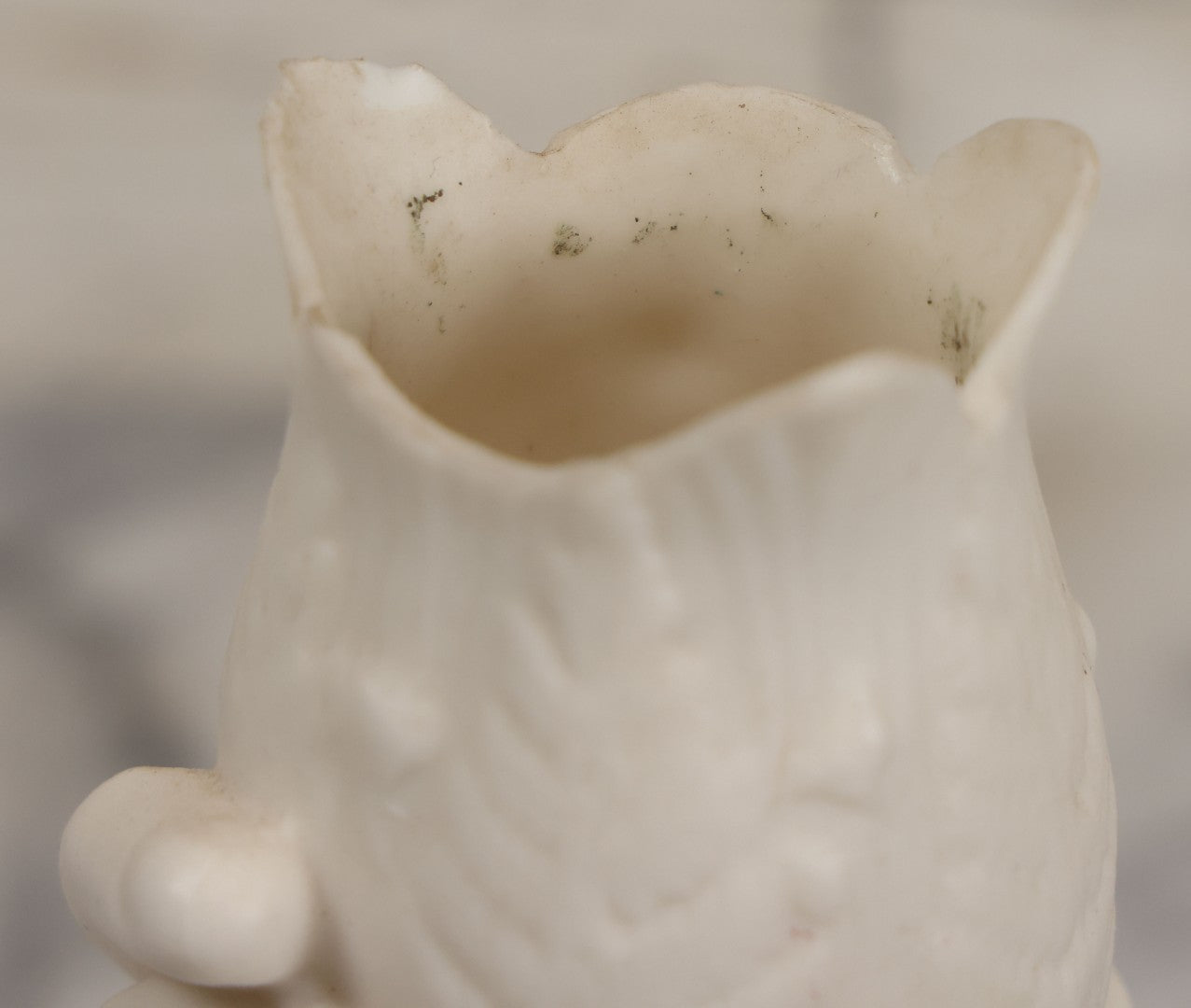 Lot 036 - Vintage Bisque Flower Vase With Hand, Fern, And Petal Motifs, Note Losses To Flower Petals, Chips, 7-3/8" Height