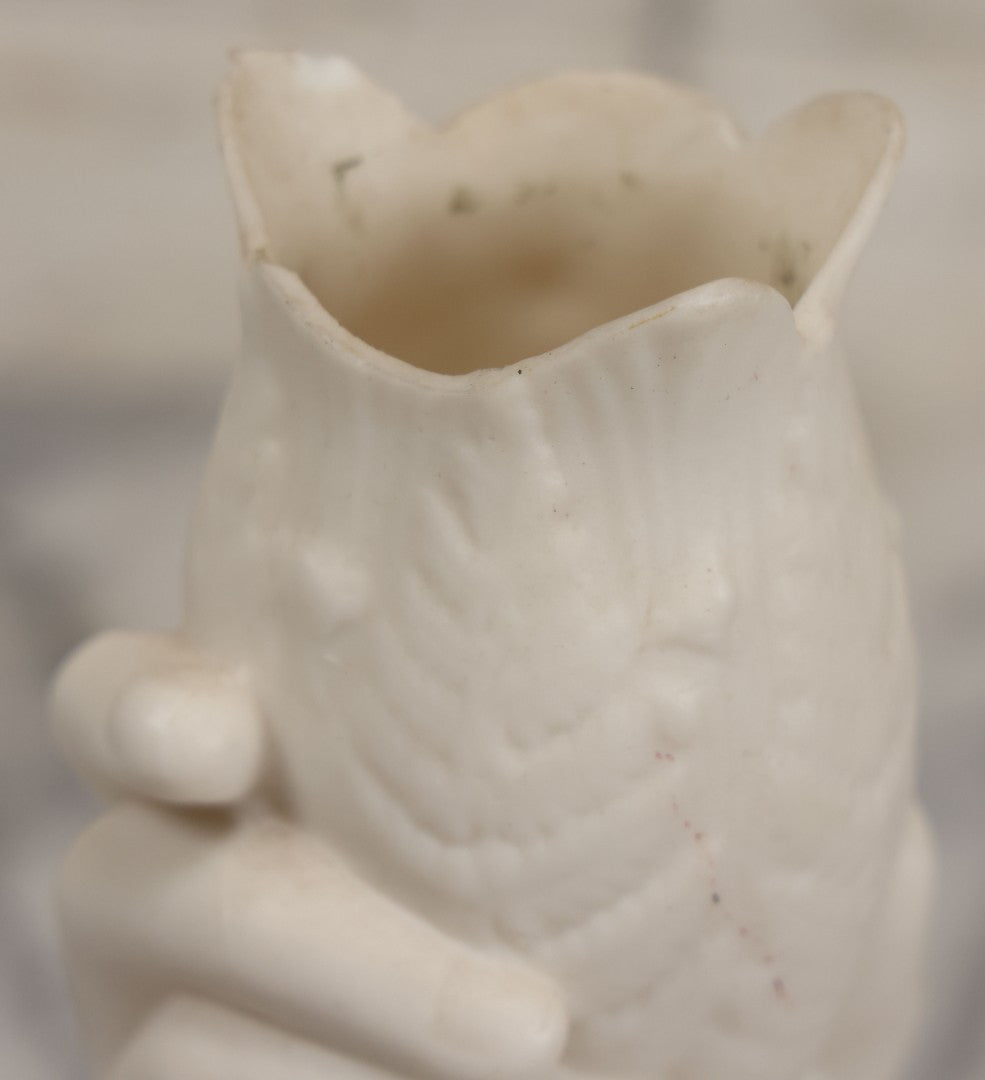 Lot 036 - Vintage Bisque Flower Vase With Hand, Fern, And Petal Motifs, Note Losses To Flower Petals, Chips, 7-3/8" Height