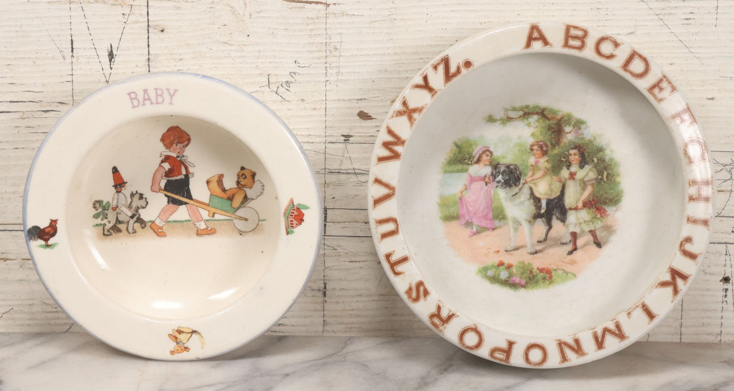 Lot 039 - Pair Of Antique Children's Plate Bowls Including Alphabet Dish With Children Riding Dog And Baby Dish With Child Playing With Toys, Marked Made In Czecho-Slovakia