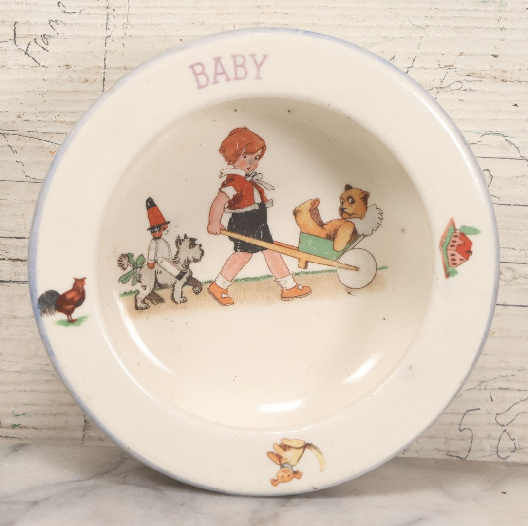 Lot 039 - Pair Of Antique Children's Plate Bowls Including Alphabet Dish With Children Riding Dog And Baby Dish With Child Playing With Toys, Marked Made In Czecho-Slovakia