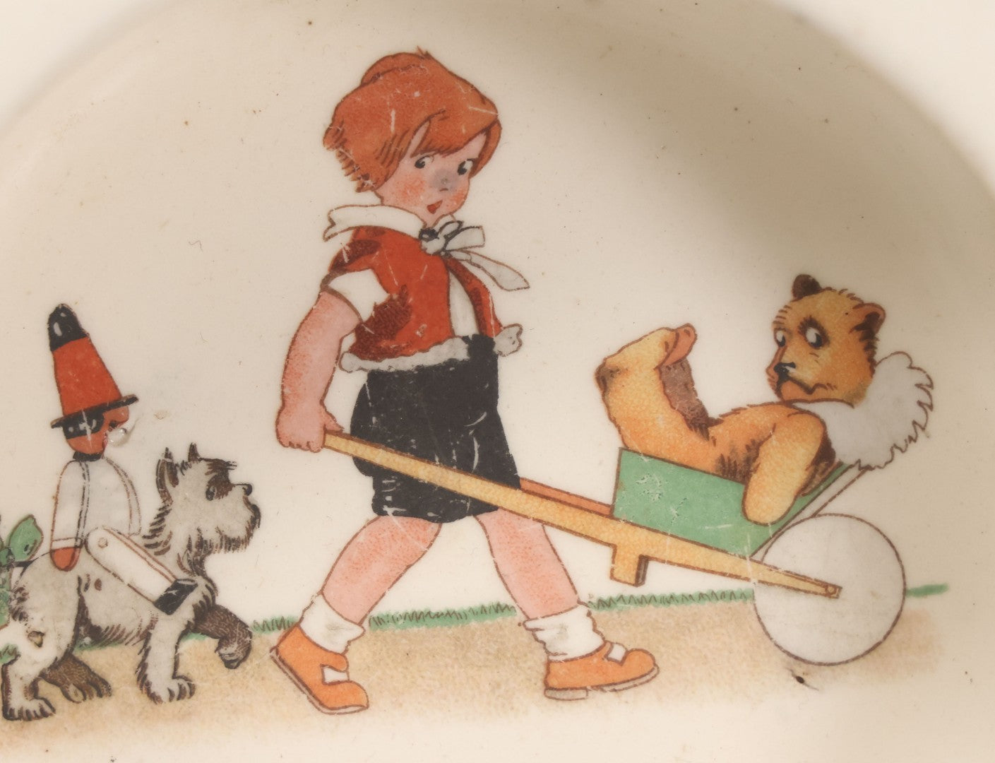 Lot 039 - Pair Of Antique Children's Plate Bowls Including Alphabet Dish With Children Riding Dog And Baby Dish With Child Playing With Toys, Marked Made In Czecho-Slovakia