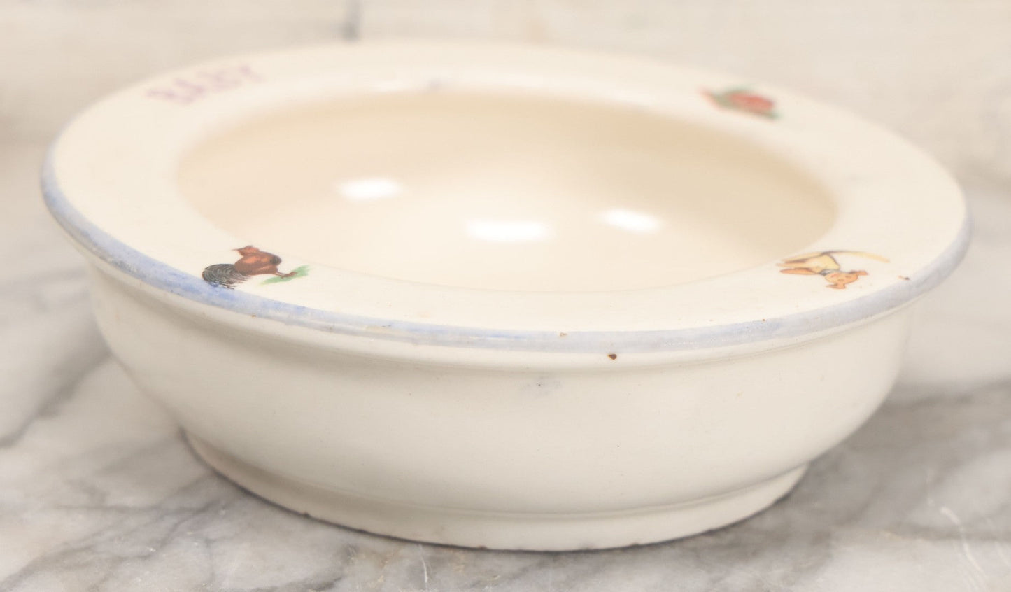 Lot 039 - Pair Of Antique Children's Plate Bowls Including Alphabet Dish With Children Riding Dog And Baby Dish With Child Playing With Toys, Marked Made In Czecho-Slovakia