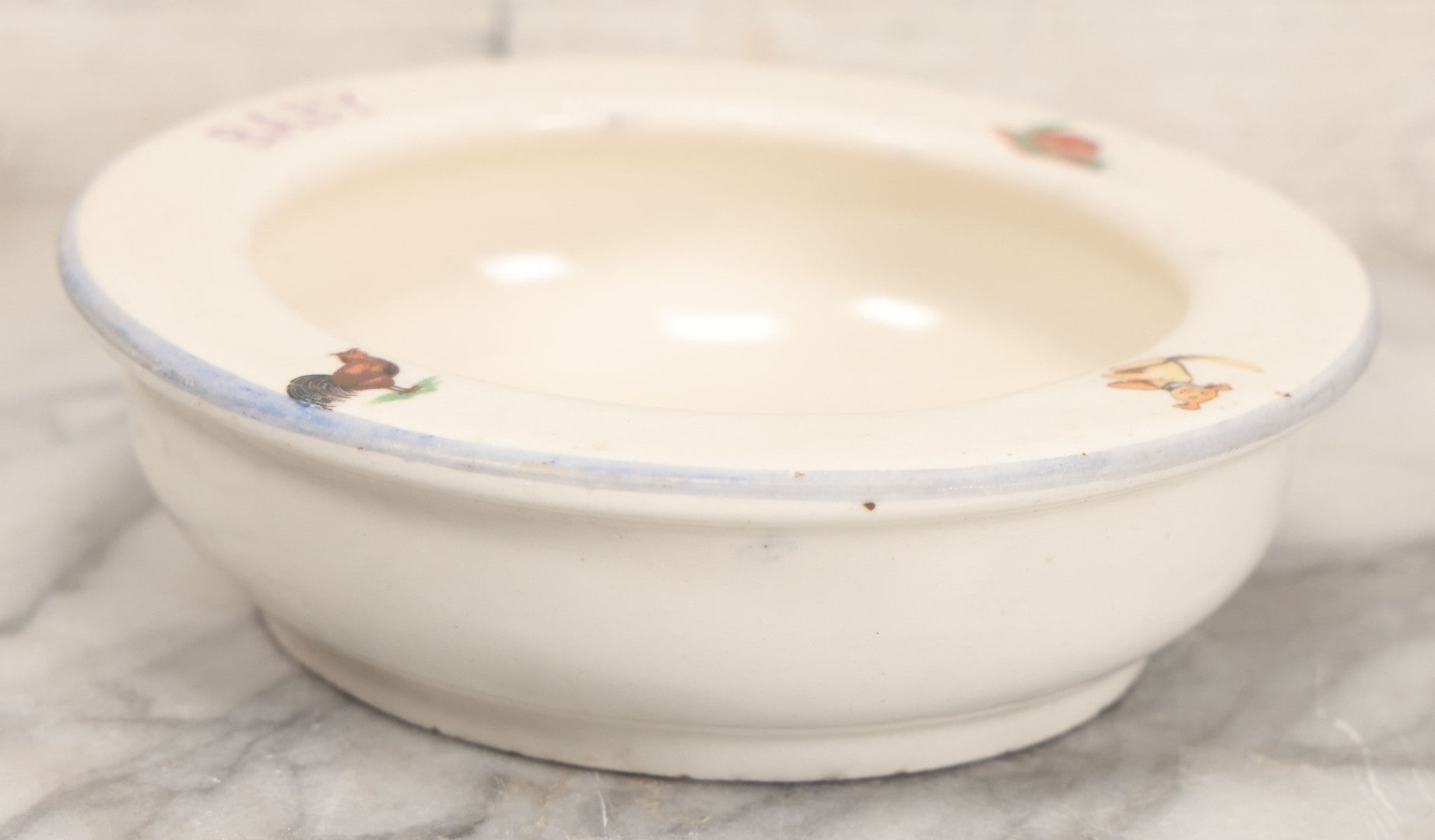 Lot 039 - Pair Of Antique Children's Plate Bowls Including Alphabet Dish With Children Riding Dog And Baby Dish With Child Playing With Toys, Marked Made In Czecho-Slovakia