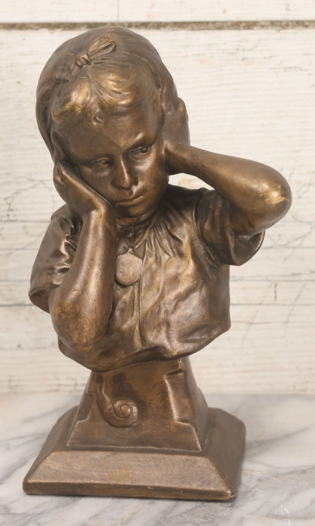 Lot 041 - Vintage Bronze Painted Chalkware Bust Statue Of Little Girl Covering Her Ears After Emmanuel Villanis, Manufactured By Esco Products, Copyright 1959, 8-3/4" Height