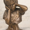 Lot 041 - Vintage Bronze Painted Chalkware Bust Statue Of Little Girl Covering Her Ears After Emmanuel Villanis, Manufactured By Esco Products, Copyright 1959, 8-3/4" Height
