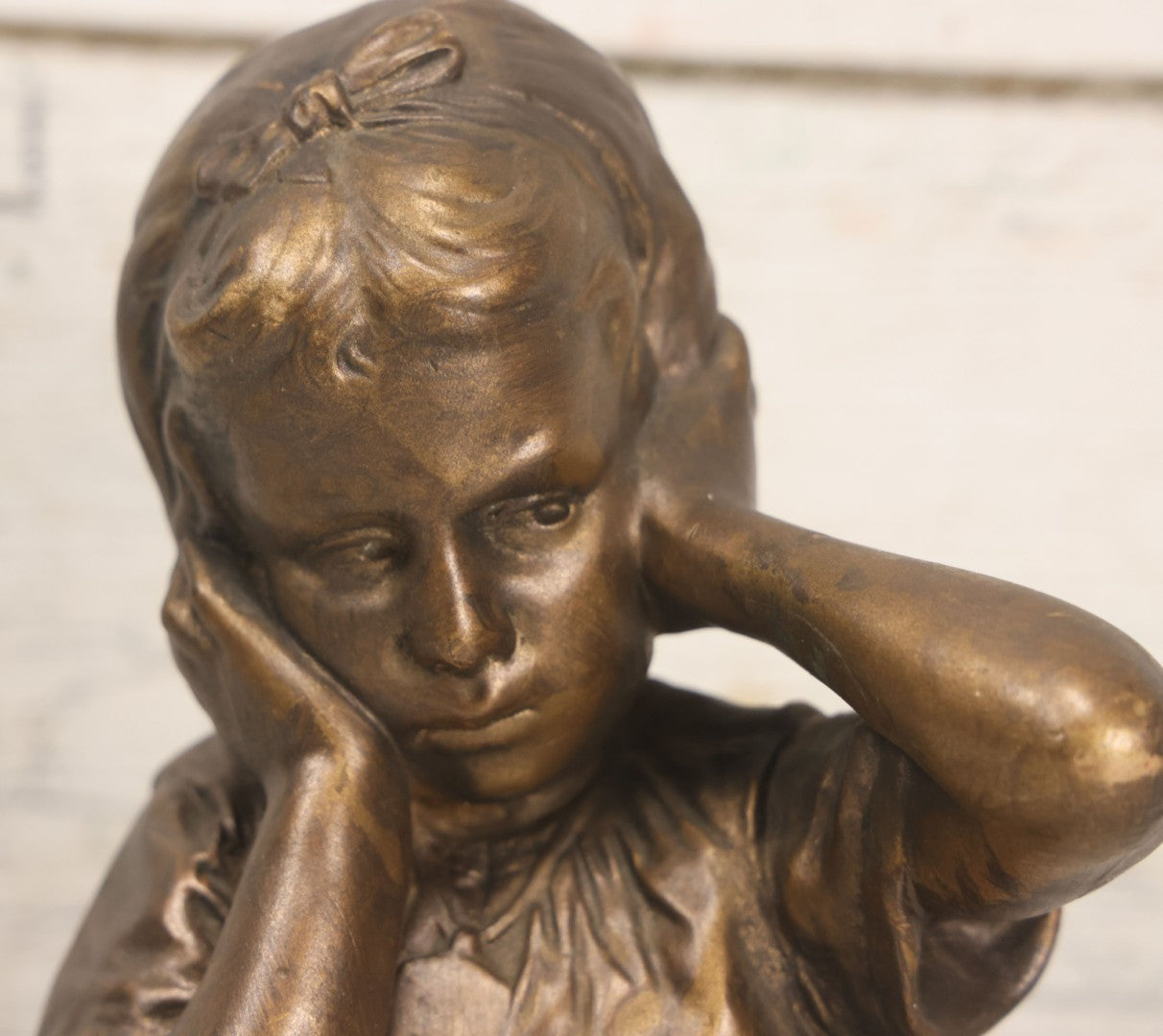 Lot 041 - Vintage Bronze Painted Chalkware Bust Statue Of Little Girl Covering Her Ears After Emmanuel Villanis, Manufactured By Esco Products, Copyright 1959, 8-3/4" Height