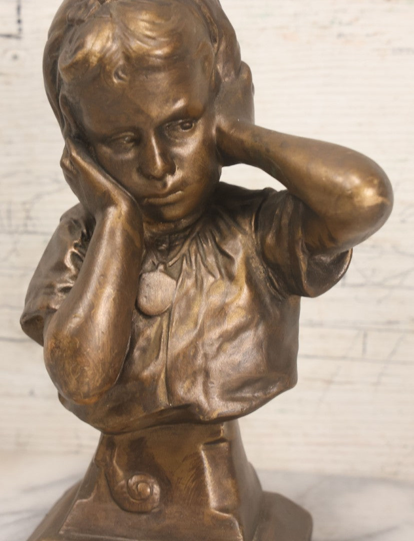 Lot 041 - Vintage Bronze Painted Chalkware Bust Statue Of Little Girl Covering Her Ears After Emmanuel Villanis, Manufactured By Esco Products, Copyright 1959, 8-3/4" Height