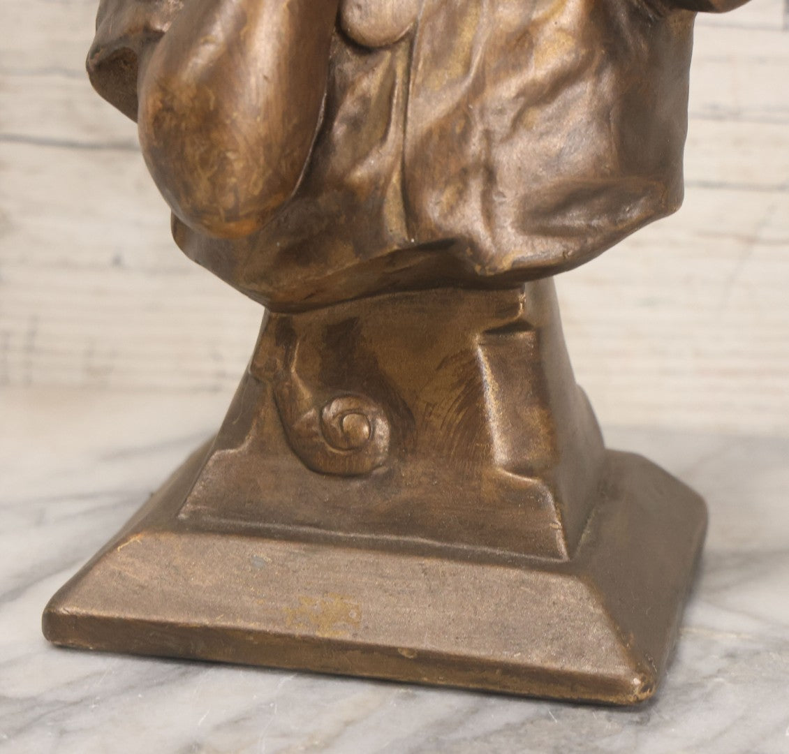 Lot 041 - Vintage Bronze Painted Chalkware Bust Statue Of Little Girl Covering Her Ears After Emmanuel Villanis, Manufactured By Esco Products, Copyright 1959, 8-3/4" Height