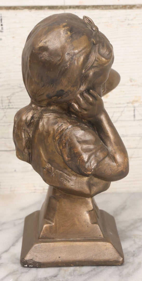 Lot 041 - Vintage Bronze Painted Chalkware Bust Statue Of Little Girl Covering Her Ears After Emmanuel Villanis, Manufactured By Esco Products, Copyright 1959, 8-3/4" Height