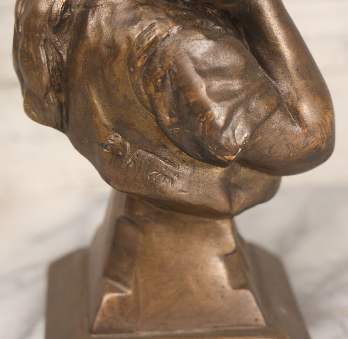 Lot 041 - Vintage Bronze Painted Chalkware Bust Statue Of Little Girl Covering Her Ears After Emmanuel Villanis, Manufactured By Esco Products, Copyright 1959, 8-3/4" Height