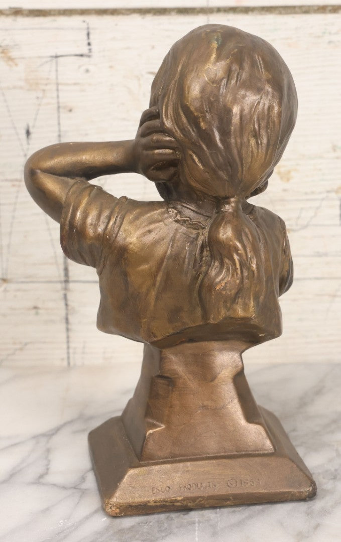 Lot 041 - Vintage Bronze Painted Chalkware Bust Statue Of Little Girl Covering Her Ears After Emmanuel Villanis, Manufactured By Esco Products, Copyright 1959, 8-3/4" Height