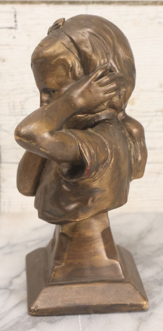 Lot 041 - Vintage Bronze Painted Chalkware Bust Statue Of Little Girl Covering Her Ears After Emmanuel Villanis, Manufactured By Esco Products, Copyright 1959, 8-3/4" Height