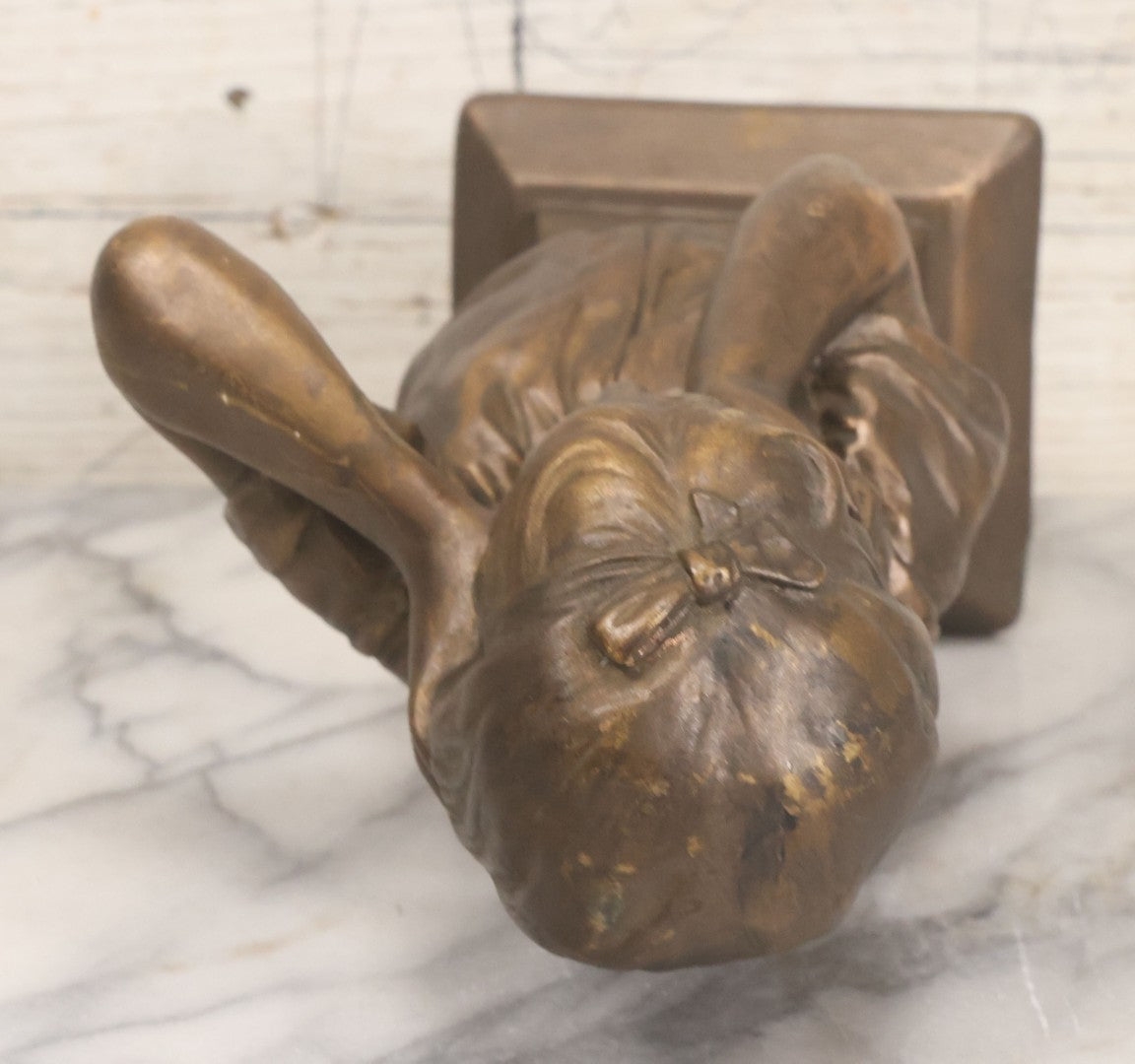 Lot 041 - Vintage Bronze Painted Chalkware Bust Statue Of Little Girl Covering Her Ears After Emmanuel Villanis, Manufactured By Esco Products, Copyright 1959, 8-3/4" Height