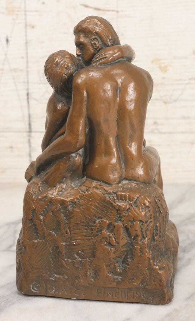 Lot 042 - Vintage Bronze Chalkware Status Of Nude Man And Woman In Lovers Embrace After "The Kiss" By Auguste Rodin, Manufactured By Q.A.C. Finelli, Copyright 1964, 8-1/4" Height