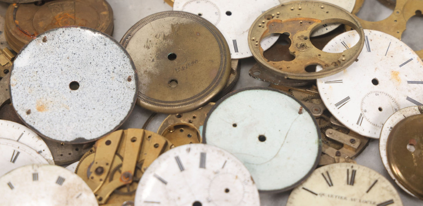 Lot 048 - Mixed Antique Salvage Grouping Of Pocket Watch Parts Including Porcelein Clock Faces, Movements, And Case Parts, 35+ Pieces, Makers Include J.F. Cooper, William Favre, F. Huquenm, M.J. Tobias