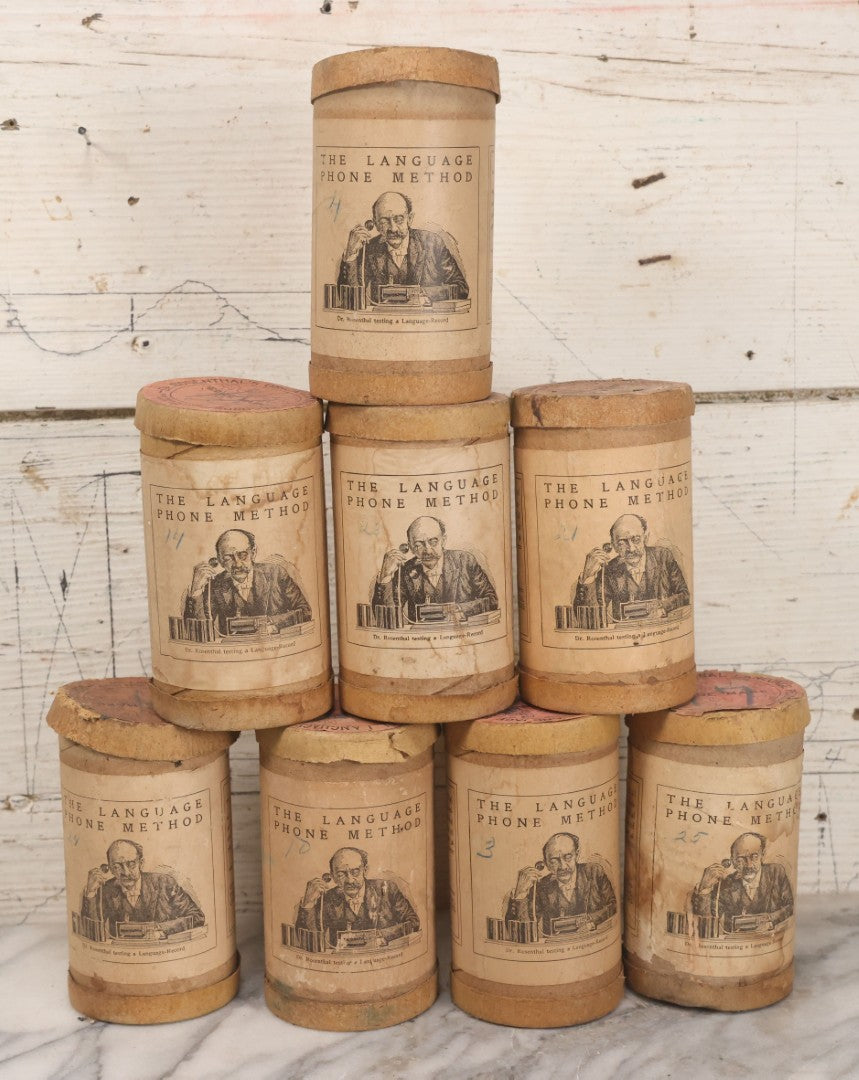 Lot 051 - Grouping Of Eight Antique "Dr. Rosenthal's Original Language Records; The Language Phone Method [...] Of Practical Linguistry," Wax Recoreds In Original Cardboard Tubes & Paper Labels, International College Of Languages, New York, Some Damaged
