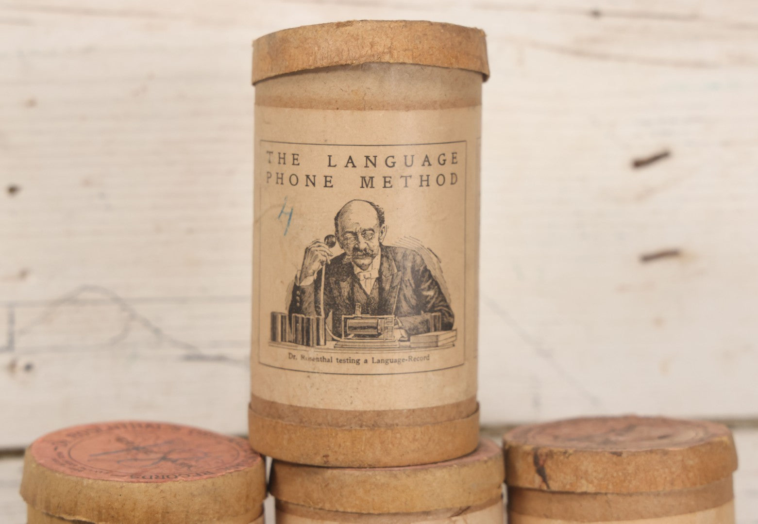 Lot 051 - Grouping Of Eight Antique "Dr. Rosenthal's Original Language Records; The Language Phone Method [...] Of Practical Linguistry," Wax Recoreds In Original Cardboard Tubes & Paper Labels, International College Of Languages, New York, Some Damaged