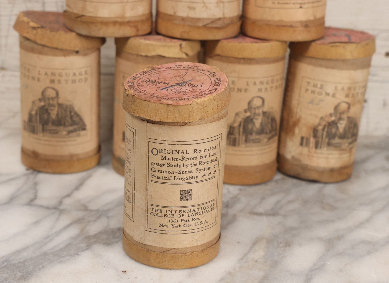 Lot 051 - Grouping Of Eight Antique "Dr. Rosenthal's Original Language Records; The Language Phone Method [...] Of Practical Linguistry," Wax Recoreds In Original Cardboard Tubes & Paper Labels, International College Of Languages, New York, Some Damaged