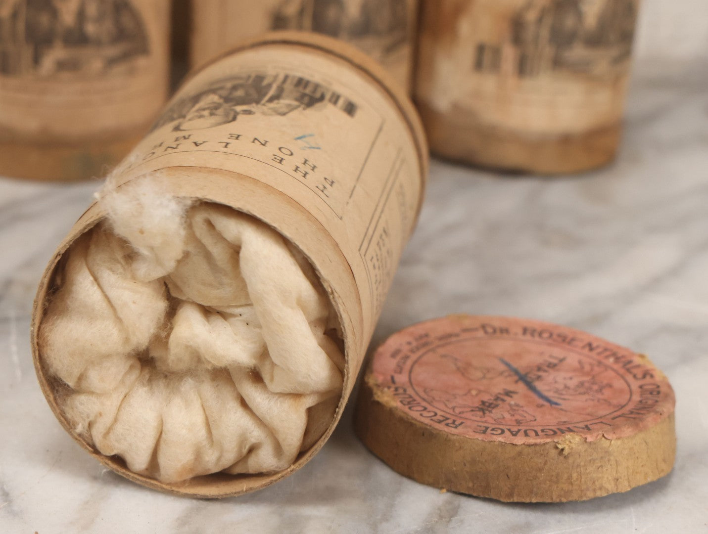 Lot 051 - Grouping Of Eight Antique "Dr. Rosenthal's Original Language Records; The Language Phone Method [...] Of Practical Linguistry," Wax Recoreds In Original Cardboard Tubes & Paper Labels, International College Of Languages, New York, Some Damaged