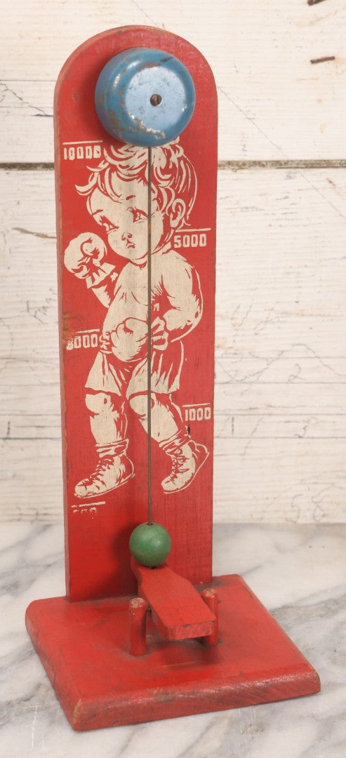 Lot 053 - Vintage Painted Wood "High Striker" Or "Strongman" Carnival Style Tabletop Toy With Young Boy Boxer And Finger Operated Bell Ringer, Circa 1950
