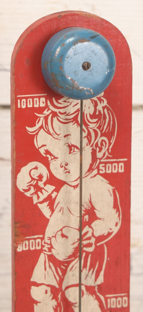 Lot 053 - Vintage Painted Wood "High Striker" Or "Strongman" Carnival Style Tabletop Toy With Young Boy Boxer And Finger Operated Bell Ringer, Circa 1950